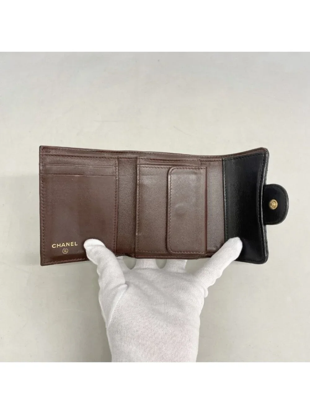 Chanel Trifold Wallet Quilted Lambskin Black Gold